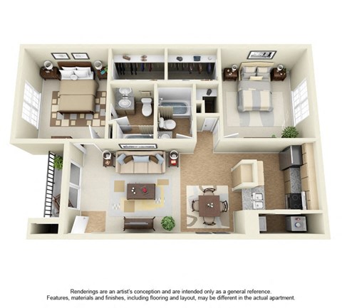 Floor plan for 2 beds, 2 baths, 960 sqft
